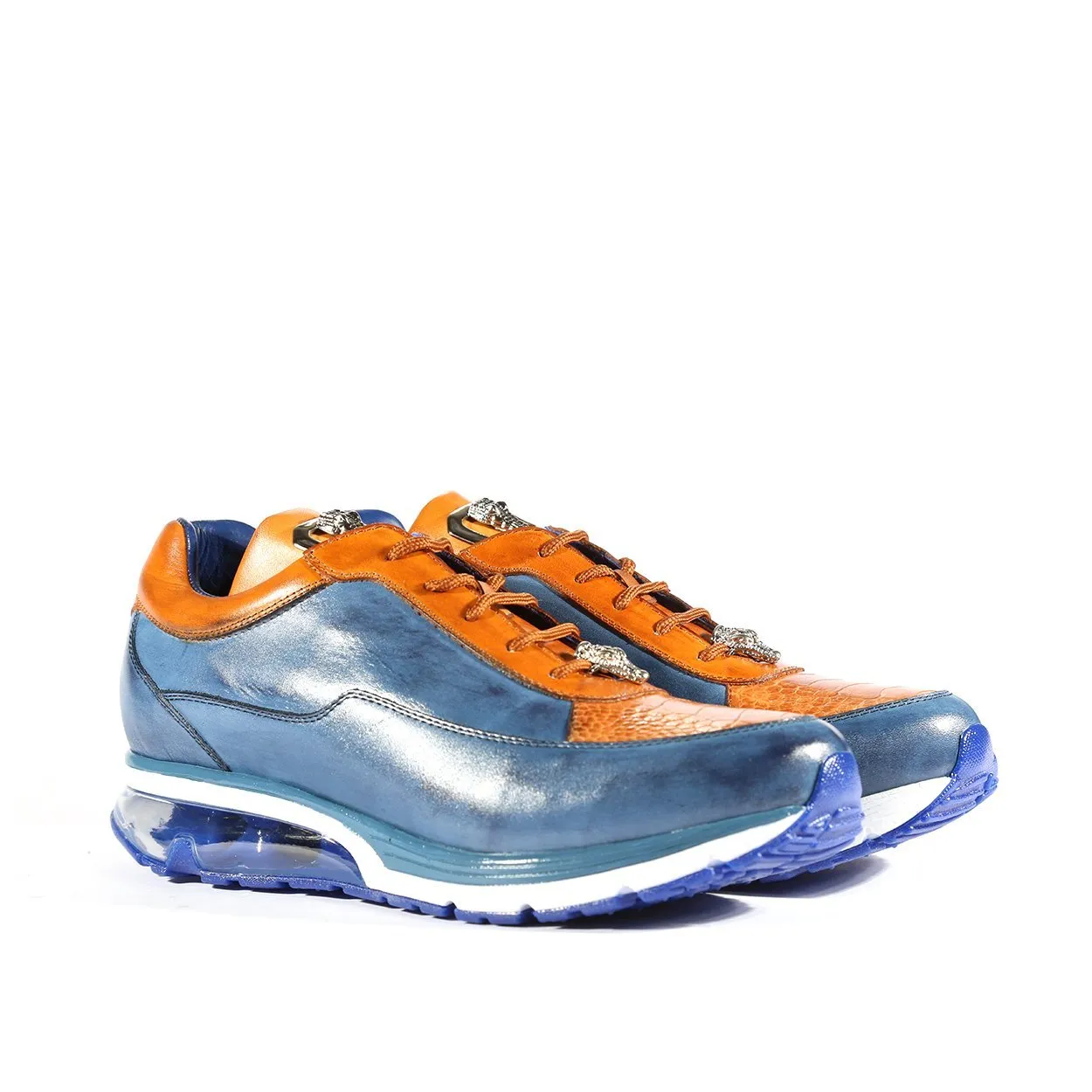 Belvedere E01 Flash Men's Shoes Blue Safari & Almond Exotic Ostrich / Calf-Skin Leather Casual Sneakers (BV2967)