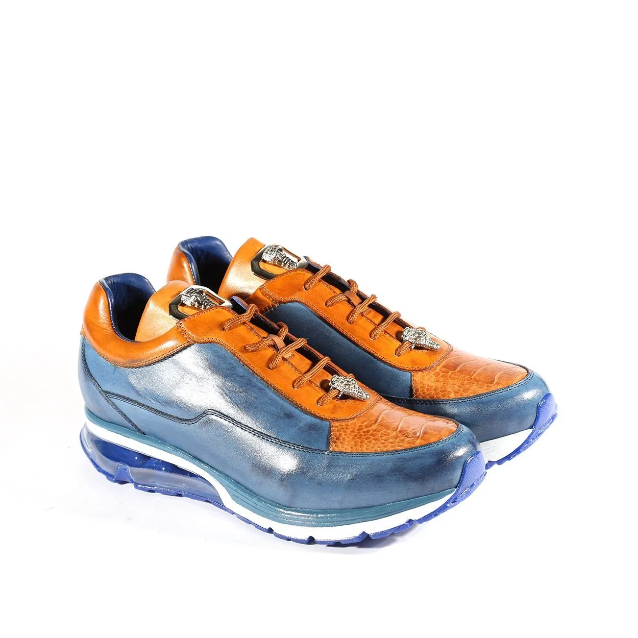 Belvedere E01 Flash Men's Shoes Blue Safari & Almond Exotic Ostrich / Calf-Skin Leather Casual Sneakers (BV2967)