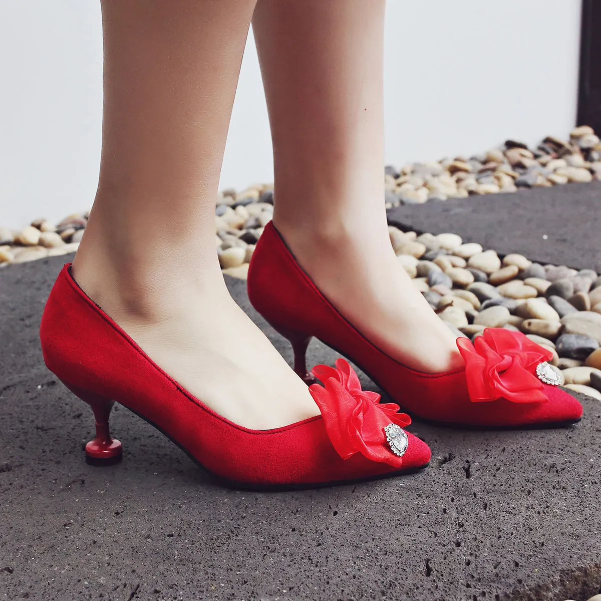 Bigsizeheels Sexy pointy floral stilettos -Red