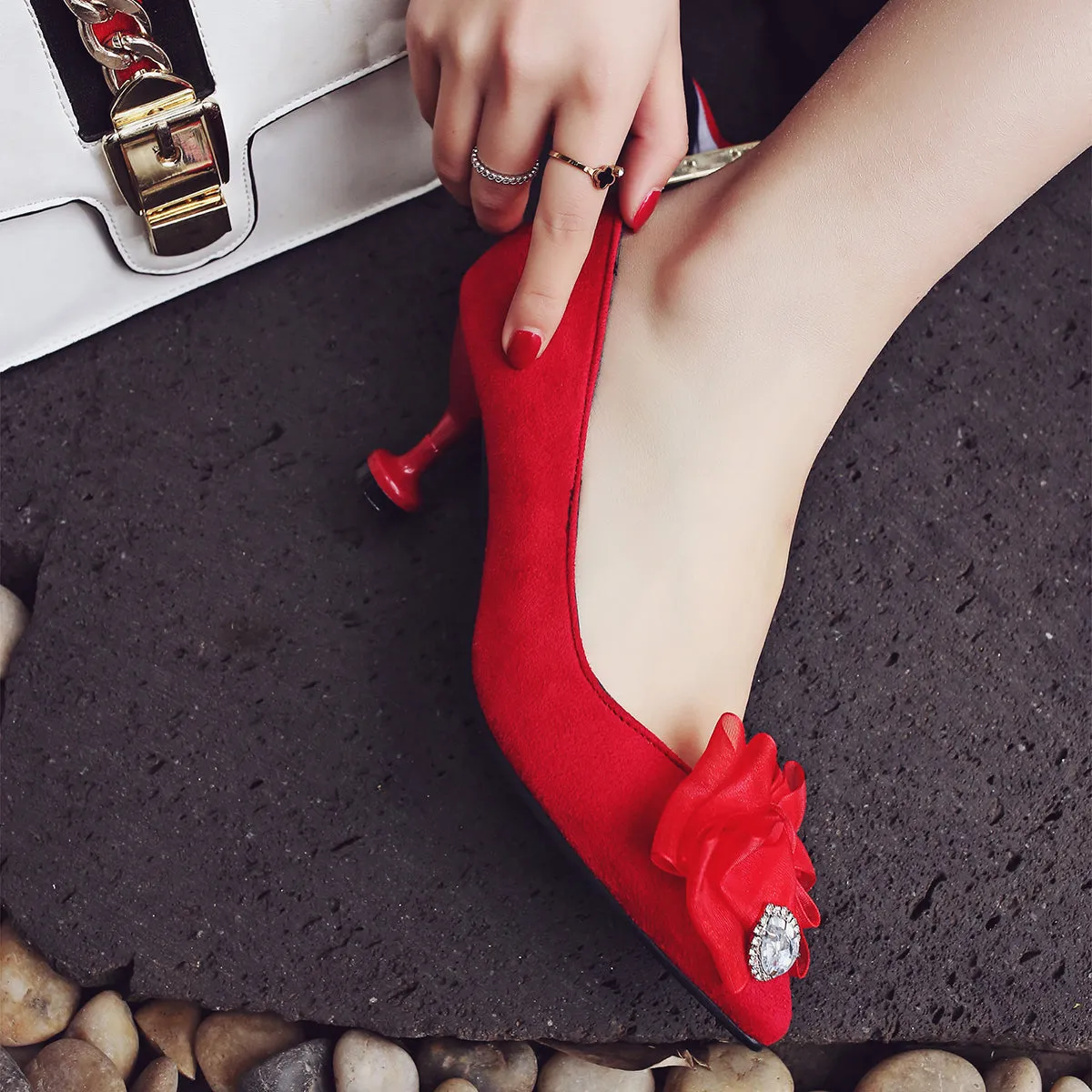 Bigsizeheels Sexy pointy floral stilettos -Red