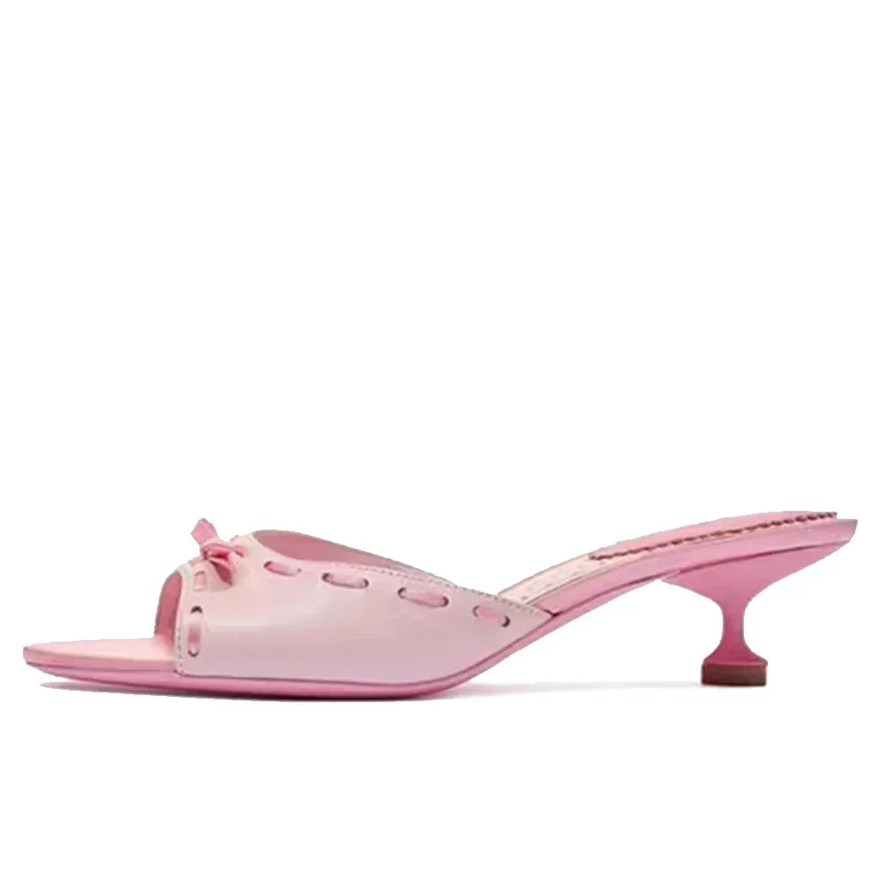 binfenxie  -  Peep Toe Bow Pink Mules Sweet Round Toe Low Heels Slip-On Flower Heart Printed Slippers Summer Women Casual Rubber Shoes