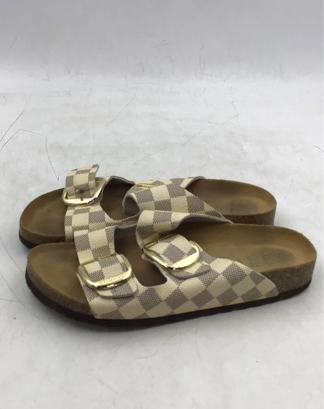 Birkenstock Women's Tan Brown Check Open Toe Slip-On Slide Sandals - Size 7