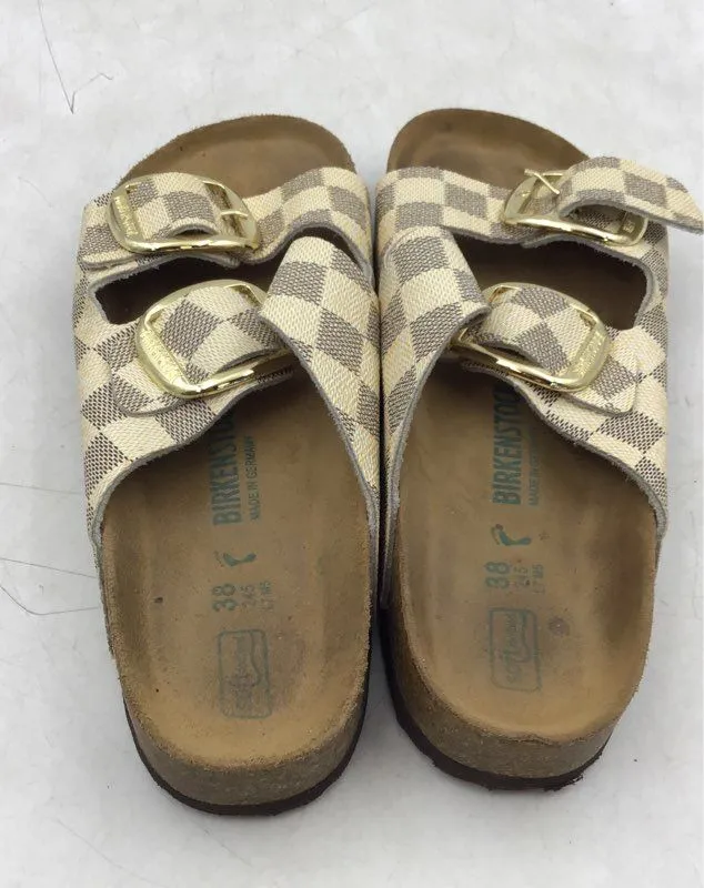 Birkenstock Women's Tan Brown Check Open Toe Slip-On Slide Sandals - Size 7