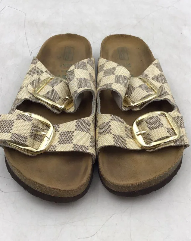 Birkenstock Women's Tan Brown Check Open Toe Slip-On Slide Sandals - Size 7