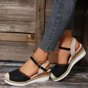 Black Closed Toe Sandals Women Dressy Casual Platform Wedge Sandals Women's Espadrilles Comfortable Anti Slip Summer Shoes with Adjustable Buckle Ankle Strap