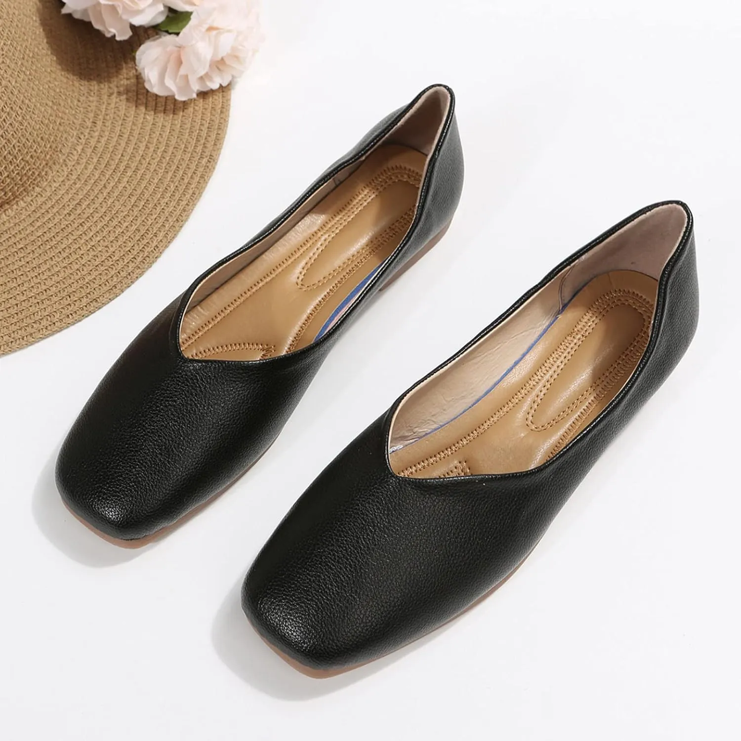 Black Flats for Women Slip On Loafers Flat Dress Shoes Business Casual Shoes Square Toe Work Shoes Ballet Flat
