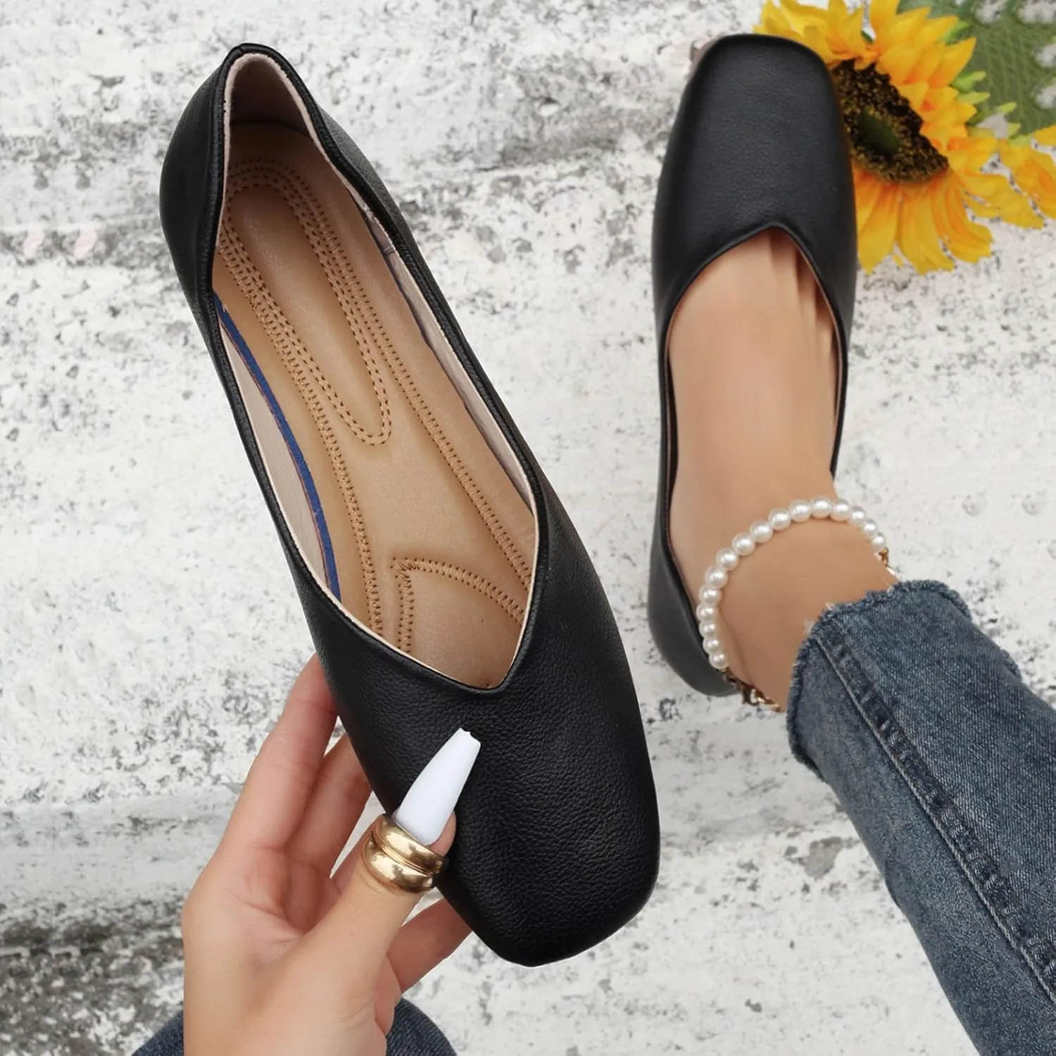 Black Flats for Women Slip On Loafers Flat Dress Shoes Business Casual Shoes Square Toe Work Shoes Ballet Flat