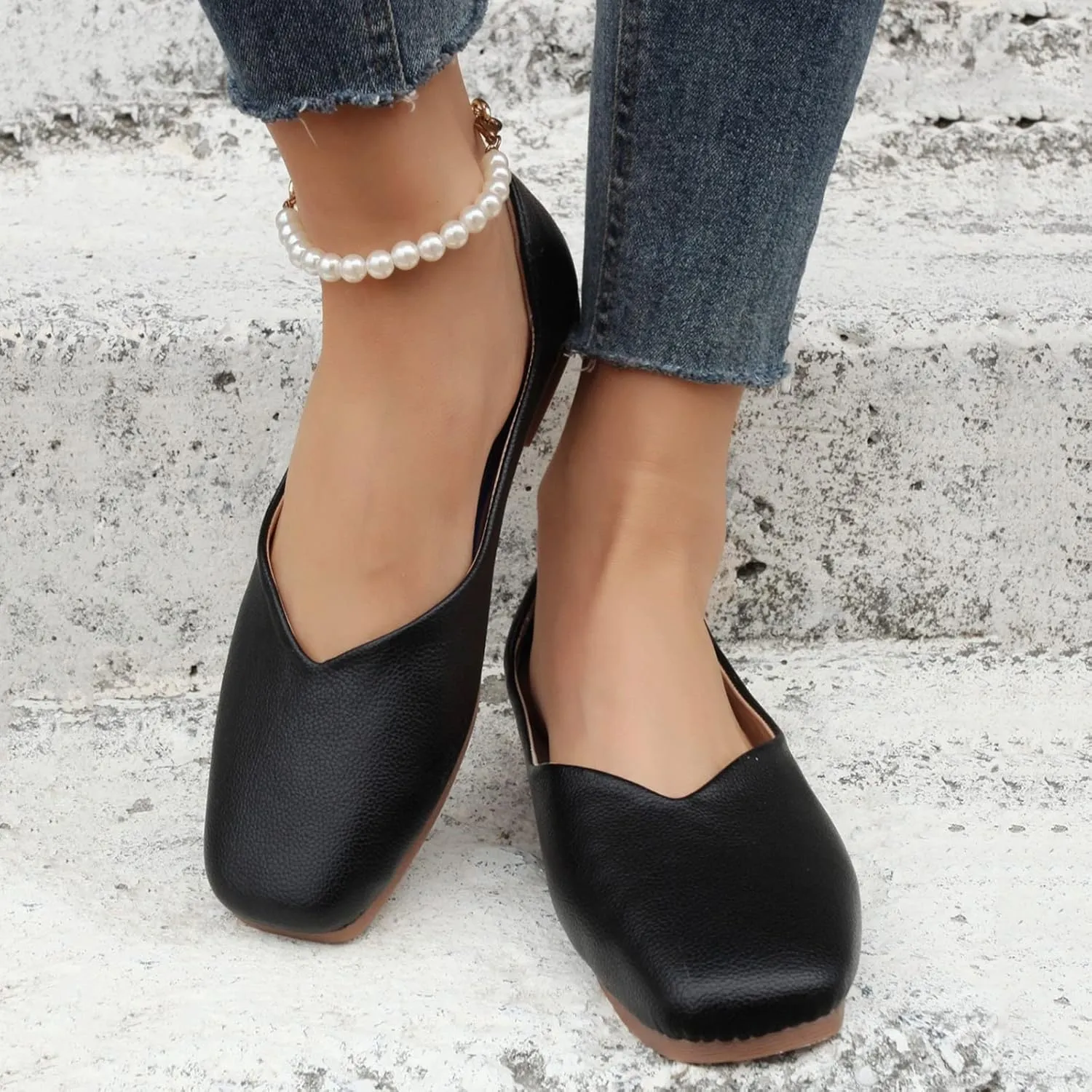 Black Flats for Women Slip On Loafers Flat Dress Shoes Business Casual Shoes Square Toe Work Shoes Ballet Flat