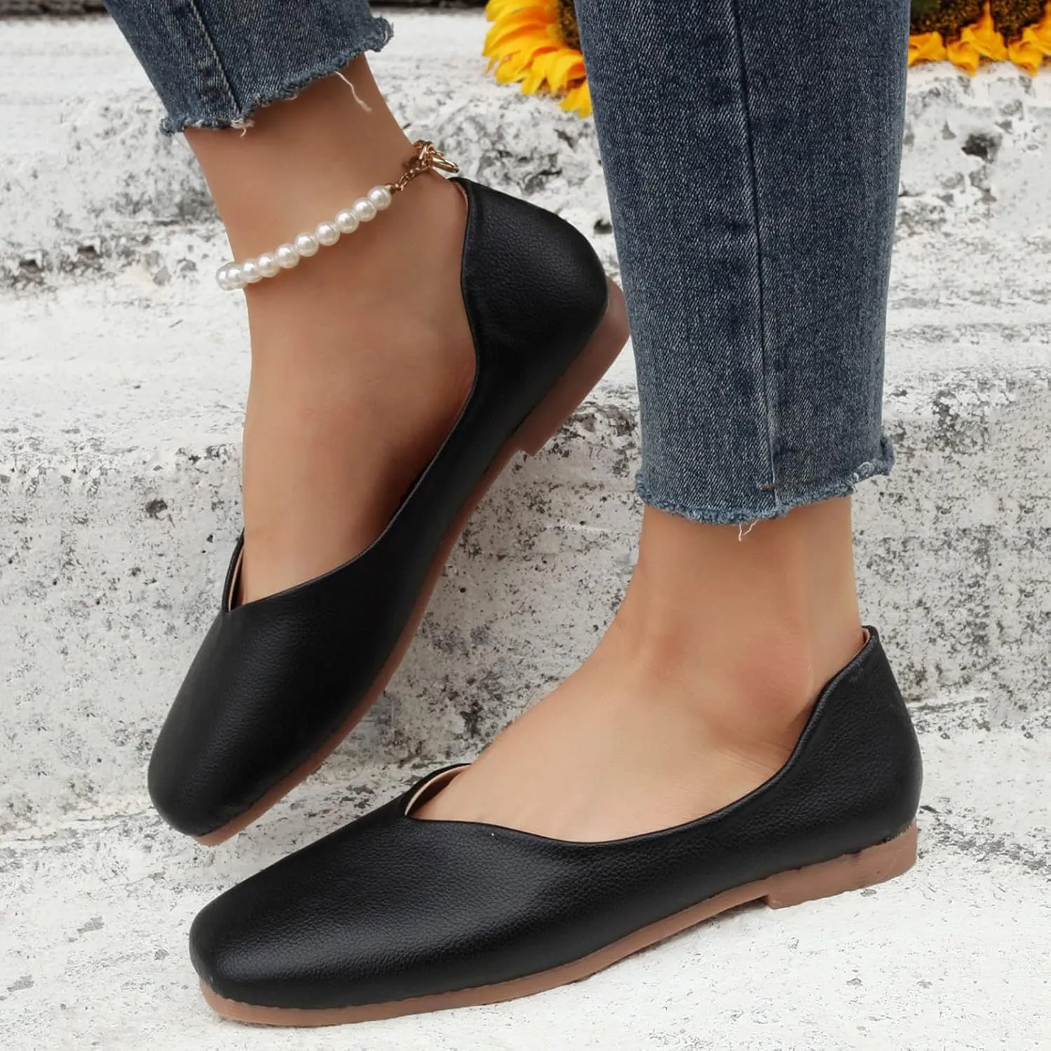 Black Flats for Women Slip On Loafers Flat Dress Shoes Business Casual Shoes Square Toe Work Shoes Ballet Flat
