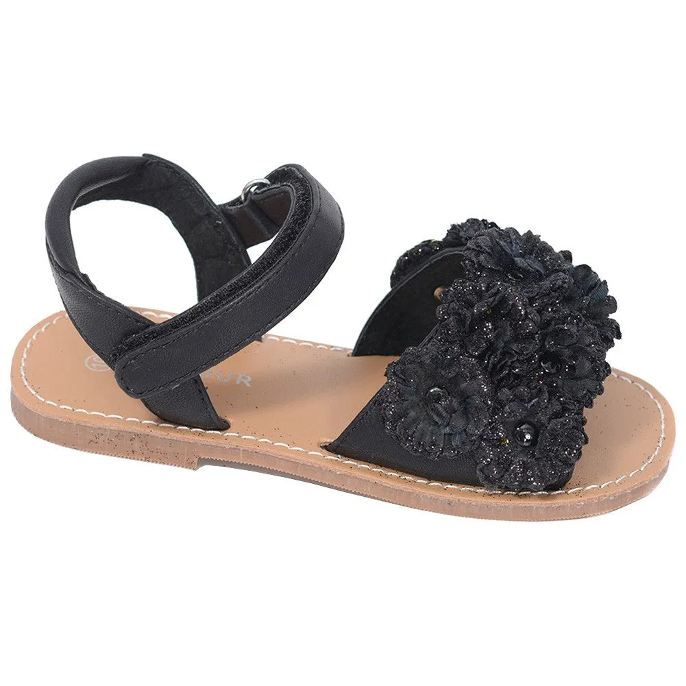Black Sparkle Flower Summer Sandal Toddler Girl 5-10