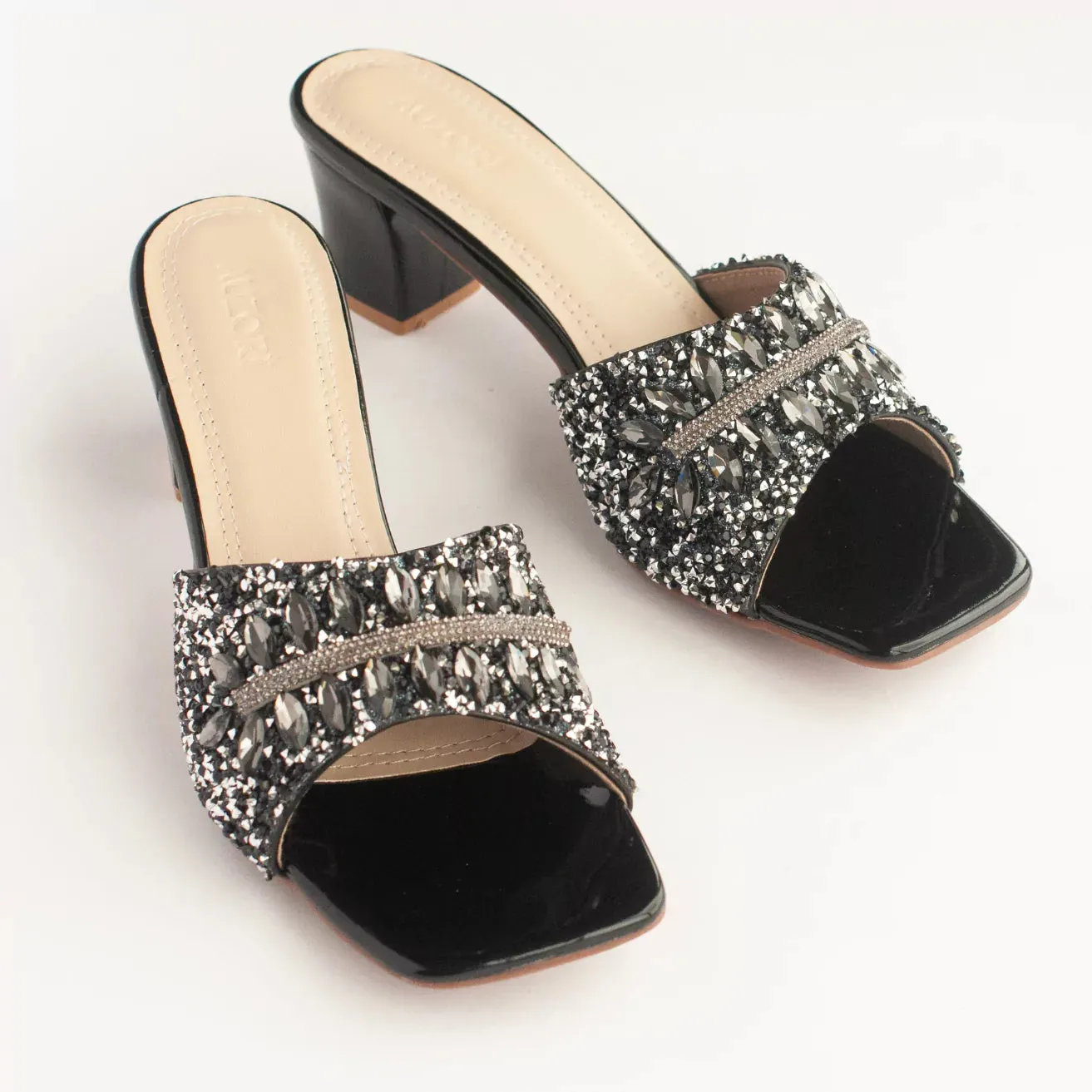 Black Stones & Beads Embellished Block Heels