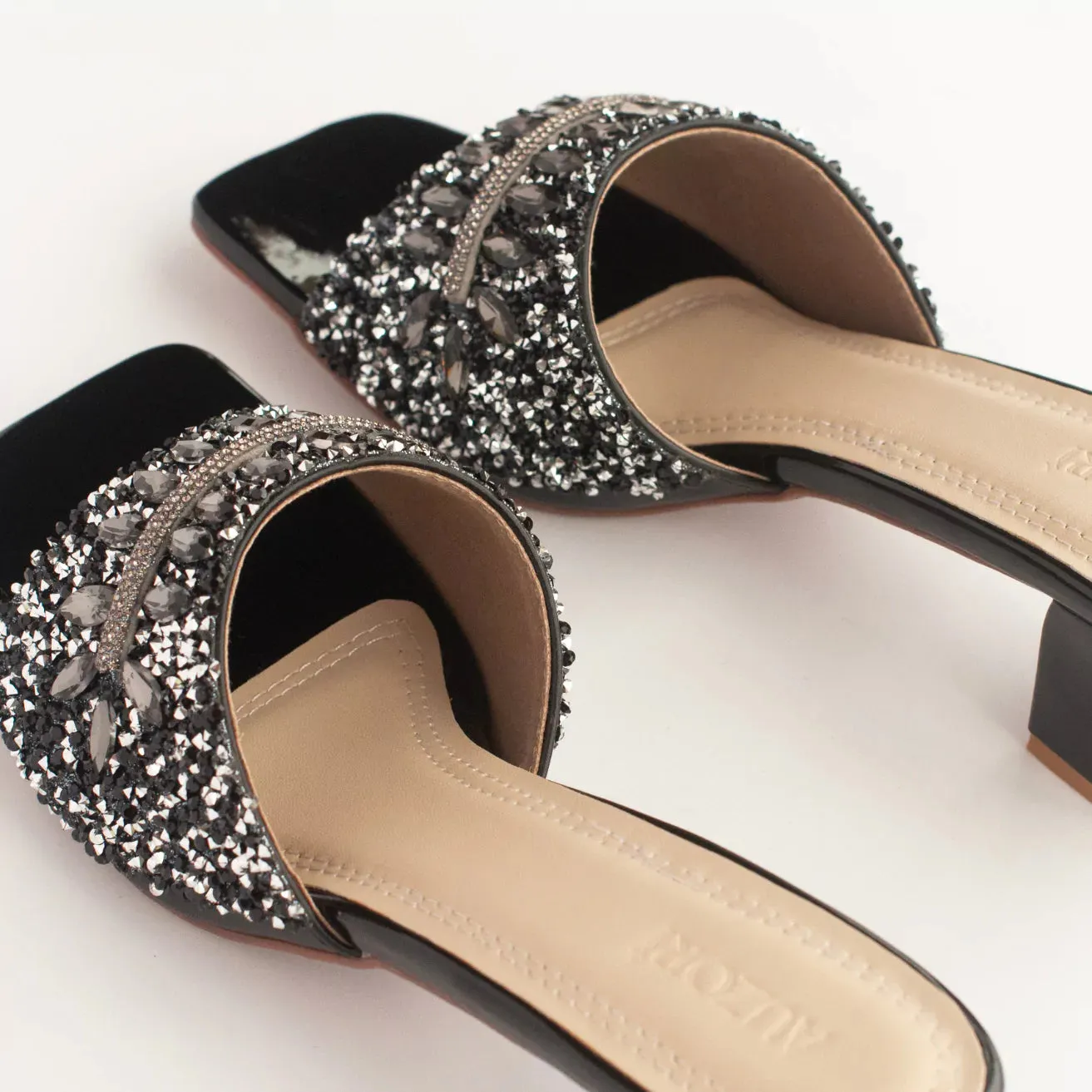 Black Stones & Beads Embellished Block Heels