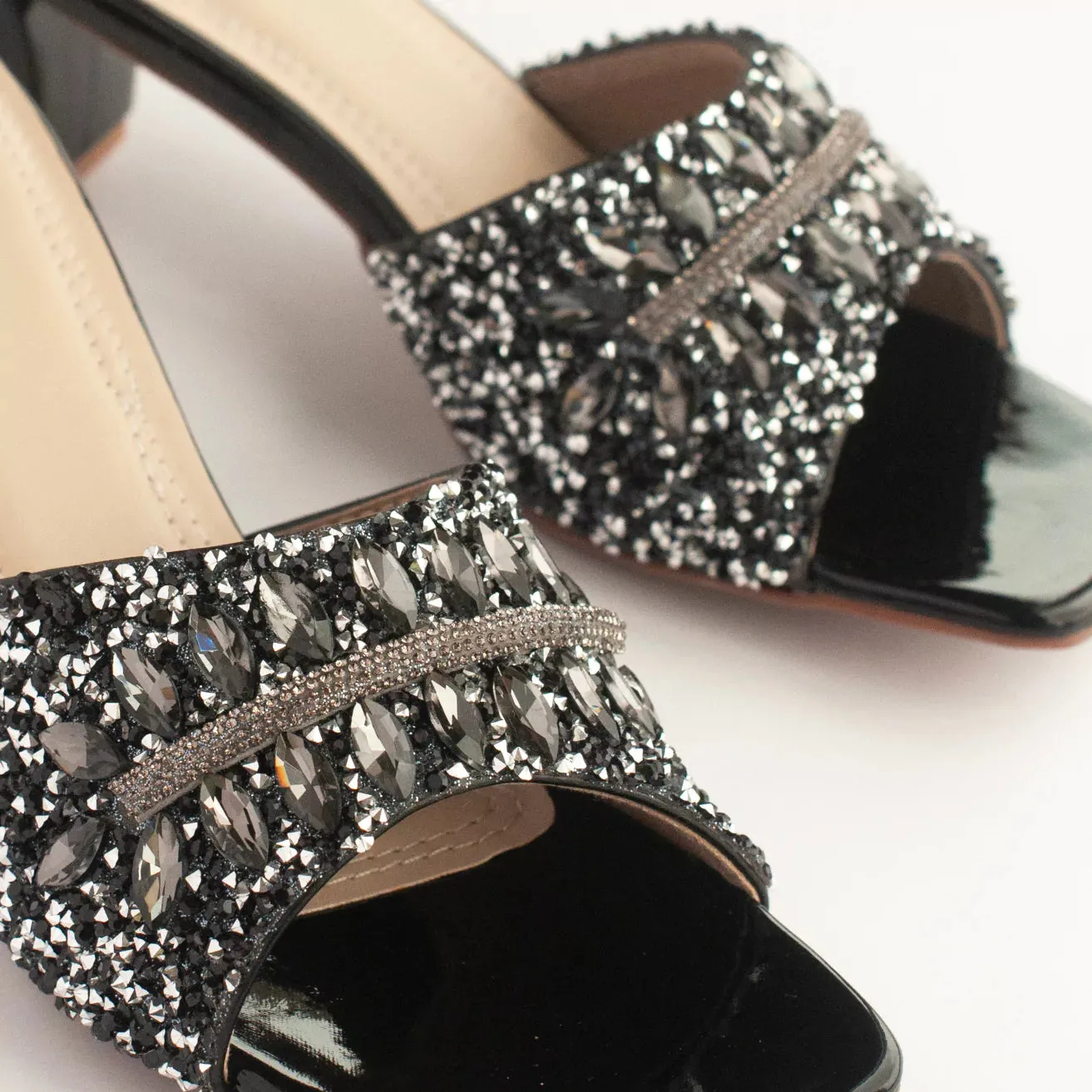 Black Stones & Beads Embellished Block Heels