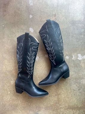 Black Inlay Vegan Cowboy Boots Heel Soft All Matching Elastic Sides Black Inlay Vegan Cowboy Boots