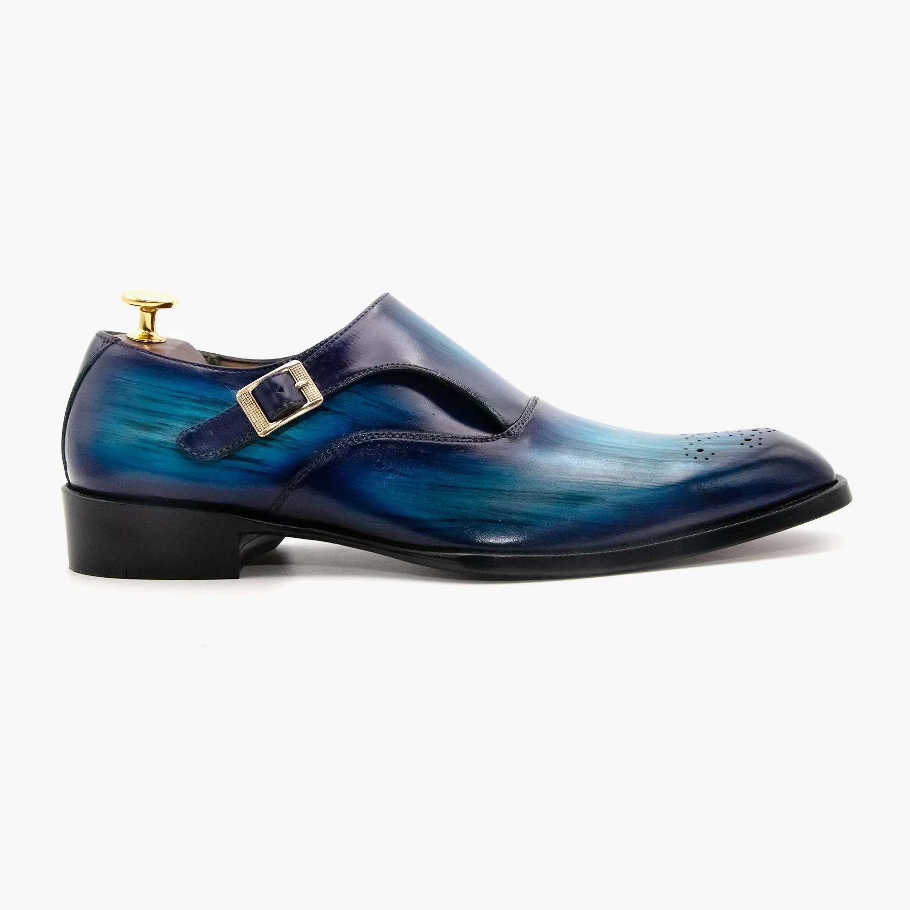 Blue-Black Single Strap Monk Leather Shoes