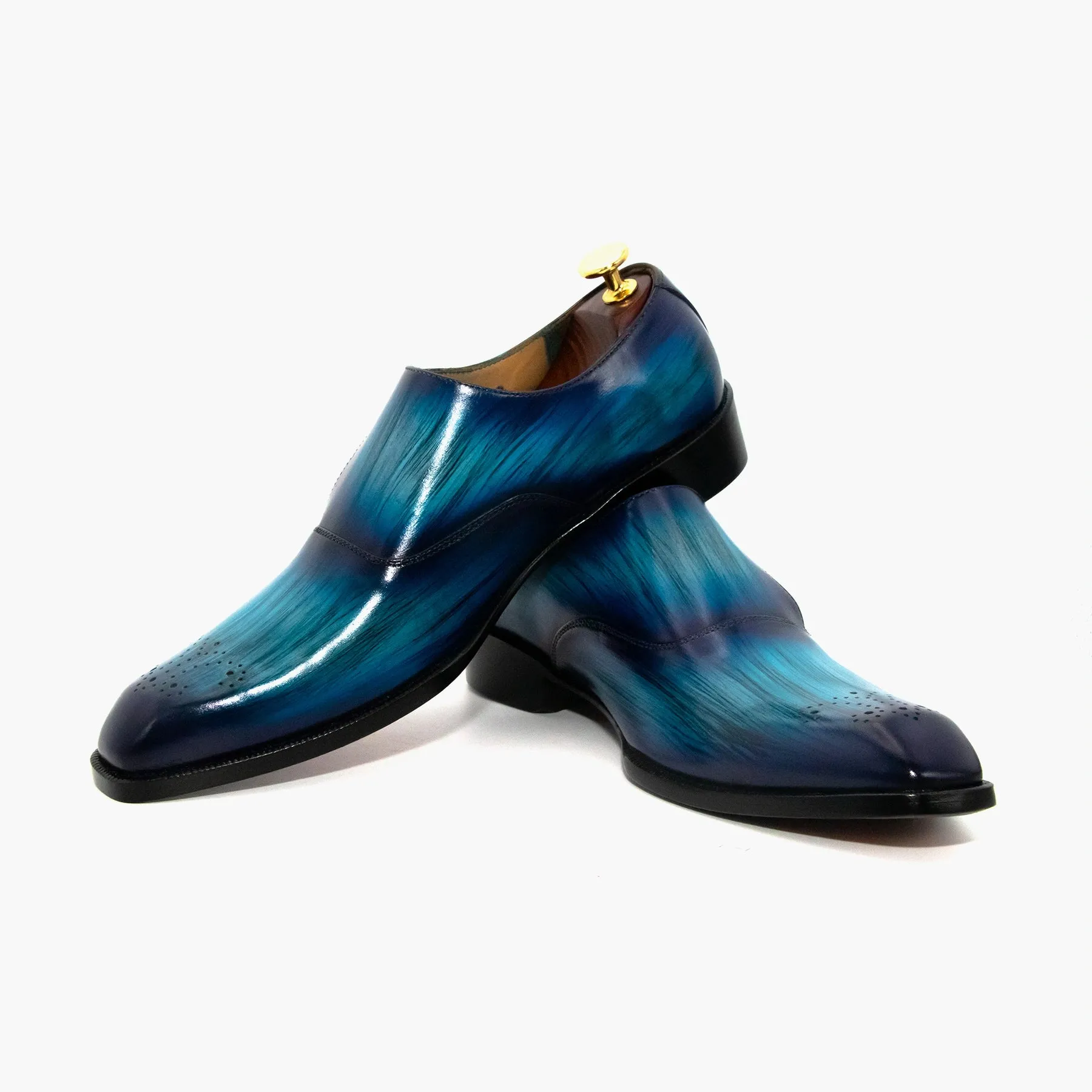 Blue-Black Single Strap Monk Leather Shoes