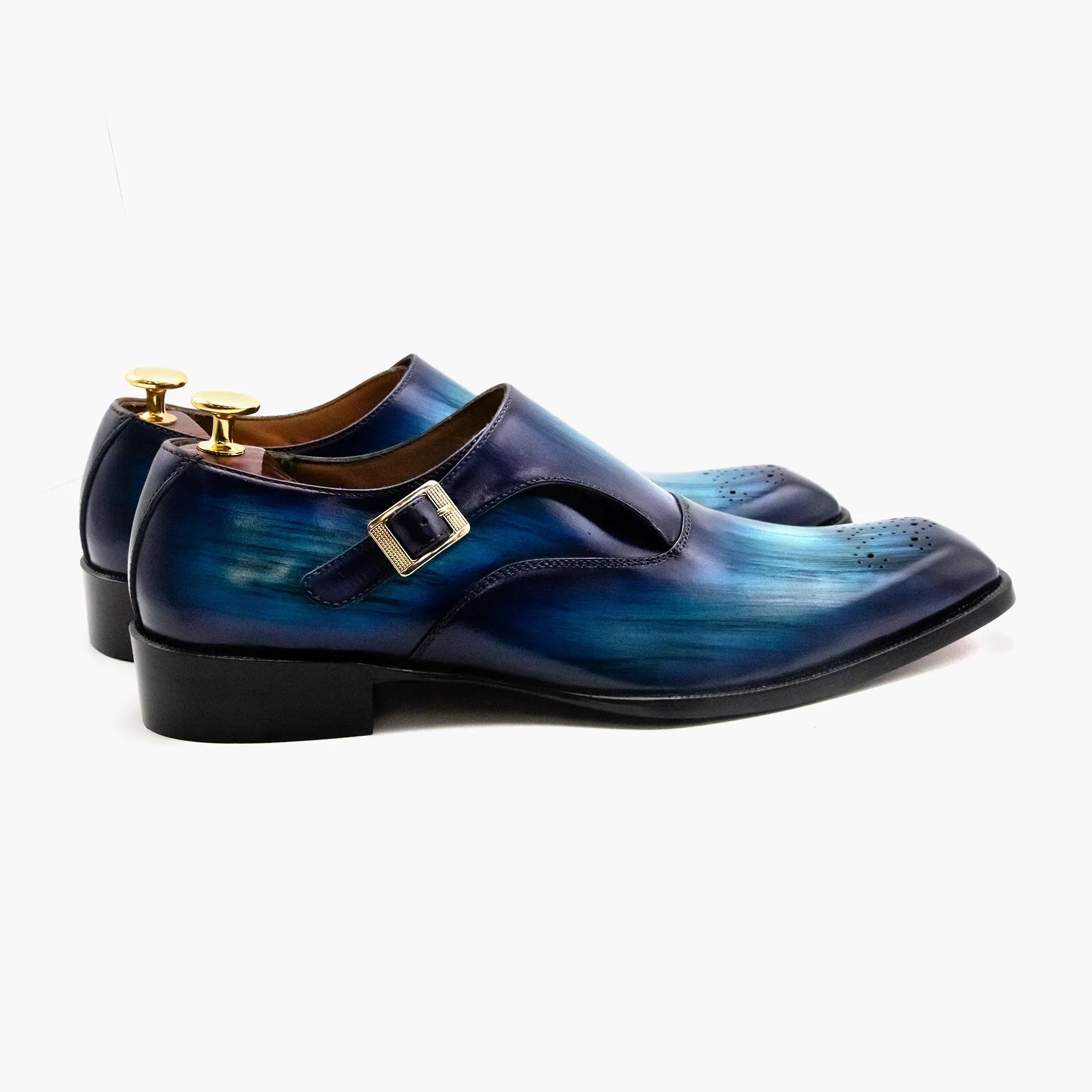 Blue-Black Single Strap Monk Leather Shoes