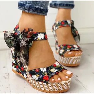 Bohemian Floral Wedge Sandals with Ankle Strap Butterfly Knot Design