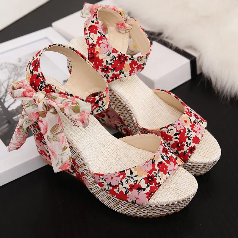 Bohemian Floral Wedge Sandals with Ankle Strap Butterfly Knot Design