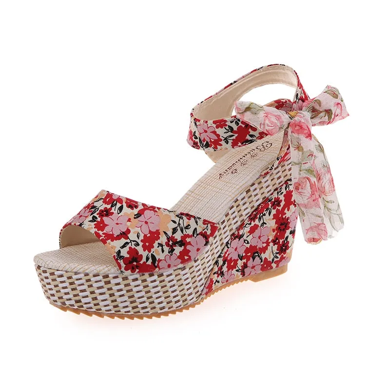 Bohemian Floral Wedge Sandals with Ankle Strap Butterfly Knot Design