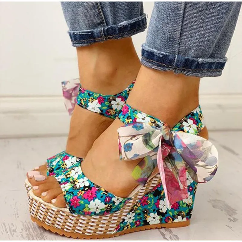 Bohemian Floral Wedge Sandals with Ankle Strap Butterfly Knot Design