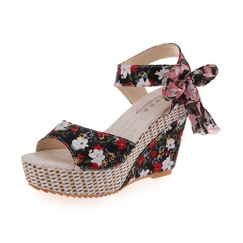 Bohemian Floral Wedge Sandals with Ankle Strap Butterfly Knot Design