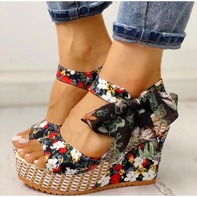 Bohemian Floral Wedge Sandals with Ankle Strap Butterfly Knot Design