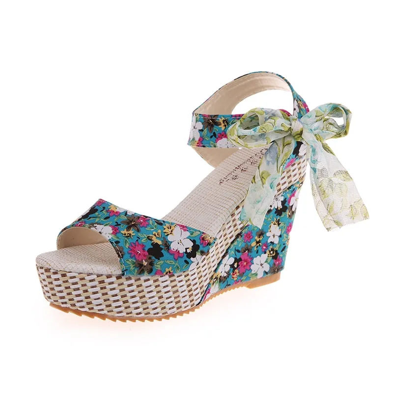 Bohemian Floral Wedge Sandals with Ankle Strap Butterfly Knot Design