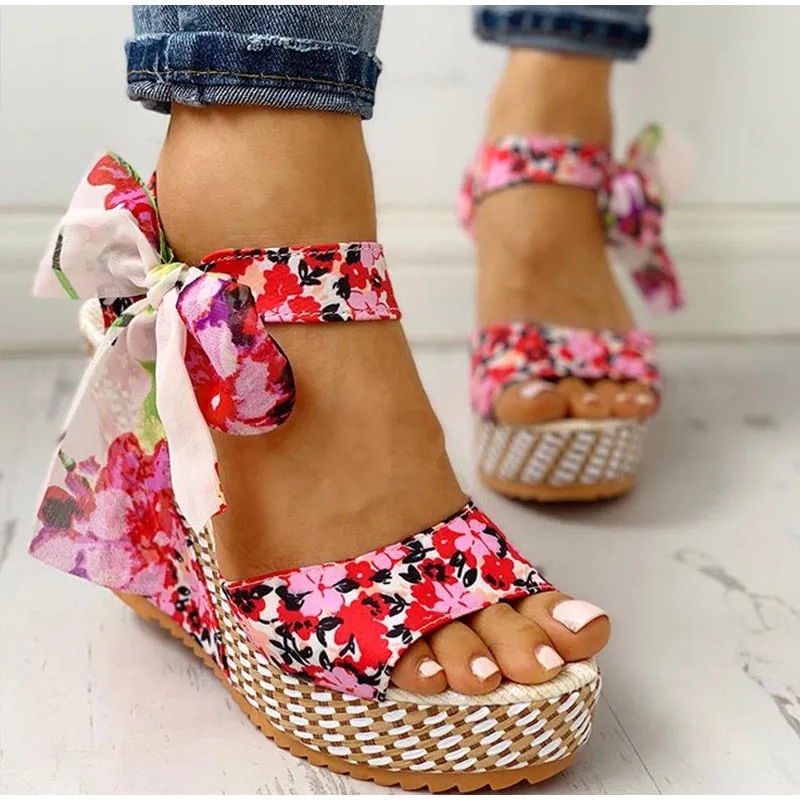 Bohemian Floral Wedge Sandals with Ankle Strap Butterfly Knot Design