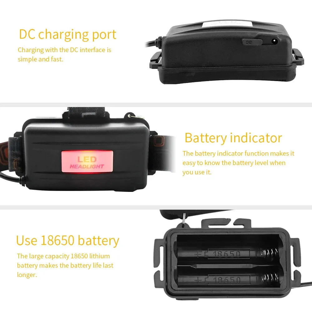 BORUiT 2000LM Super Bright LED Headlamp USB Rechargeable Headlight  Fishing Camping Lamp Waterproof Green Work Head Flashlight