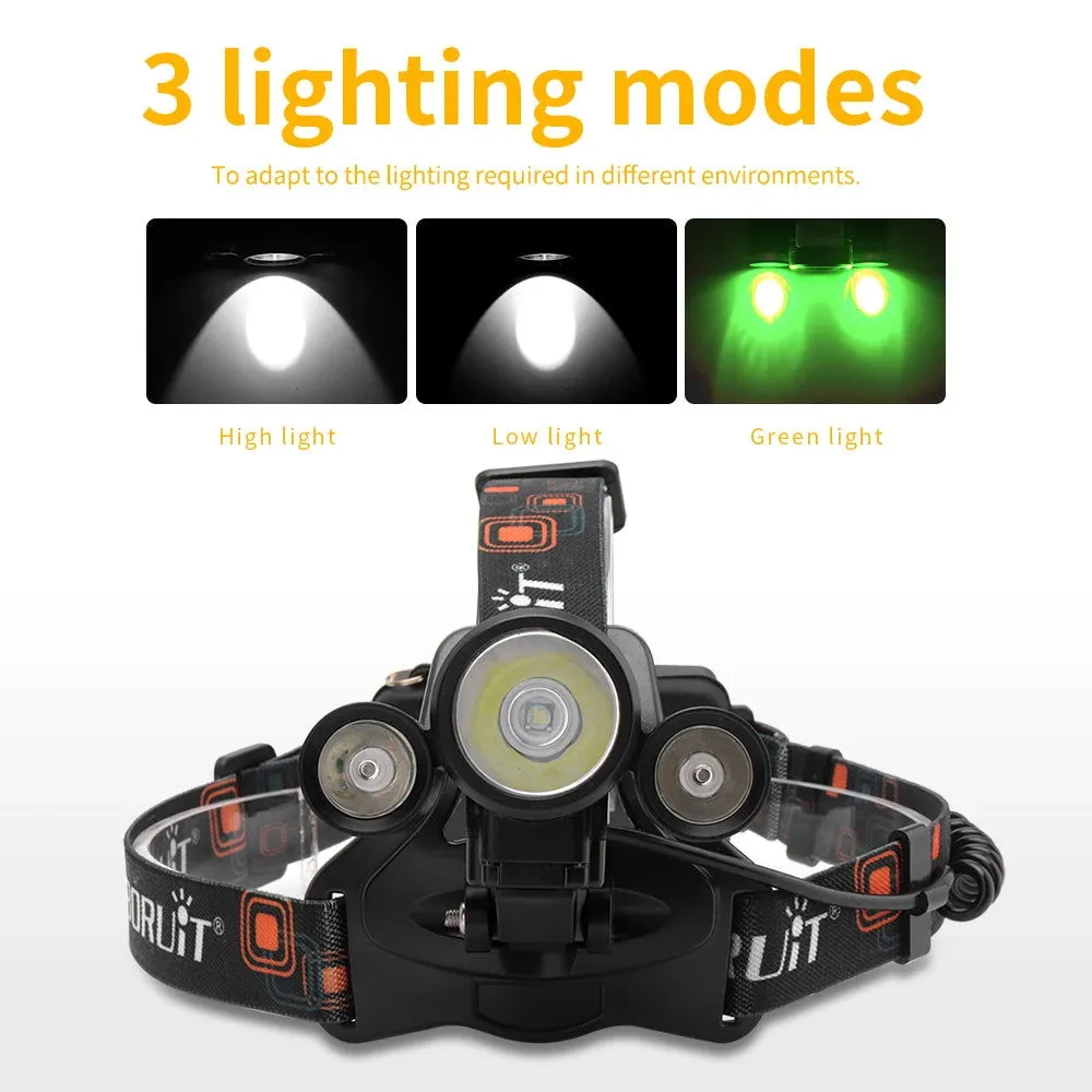 BORUiT 2000LM Super Bright LED Headlamp USB Rechargeable Headlight  Fishing Camping Lamp Waterproof Green Work Head Flashlight