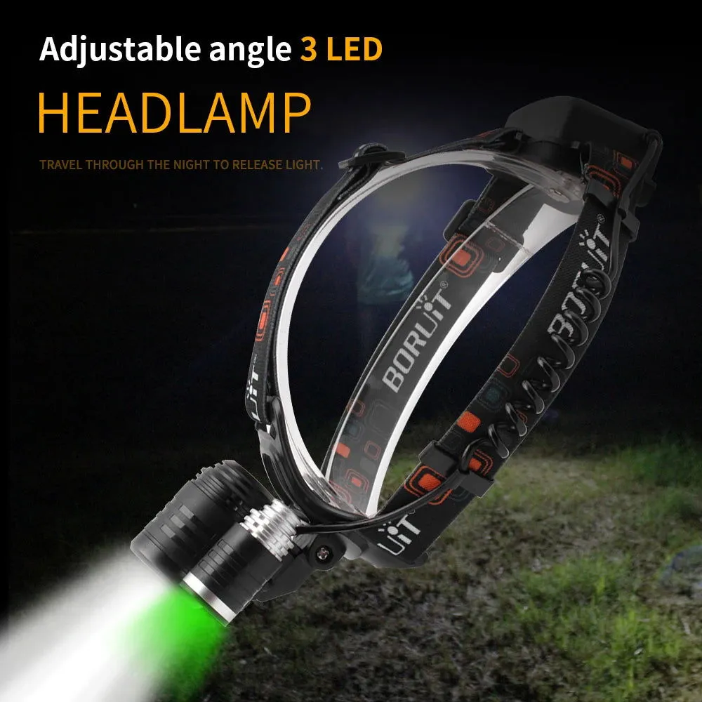 BORUiT 2000LM Super Bright LED Headlamp USB Rechargeable Headlight  Fishing Camping Lamp Waterproof Green Work Head Flashlight