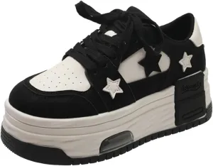 Breathable Sneakers Women's Leather Patchwork Round Toe Mixed Color Lace Up Inner Higher Student Sneakers Chunky Sole Walking Trainers