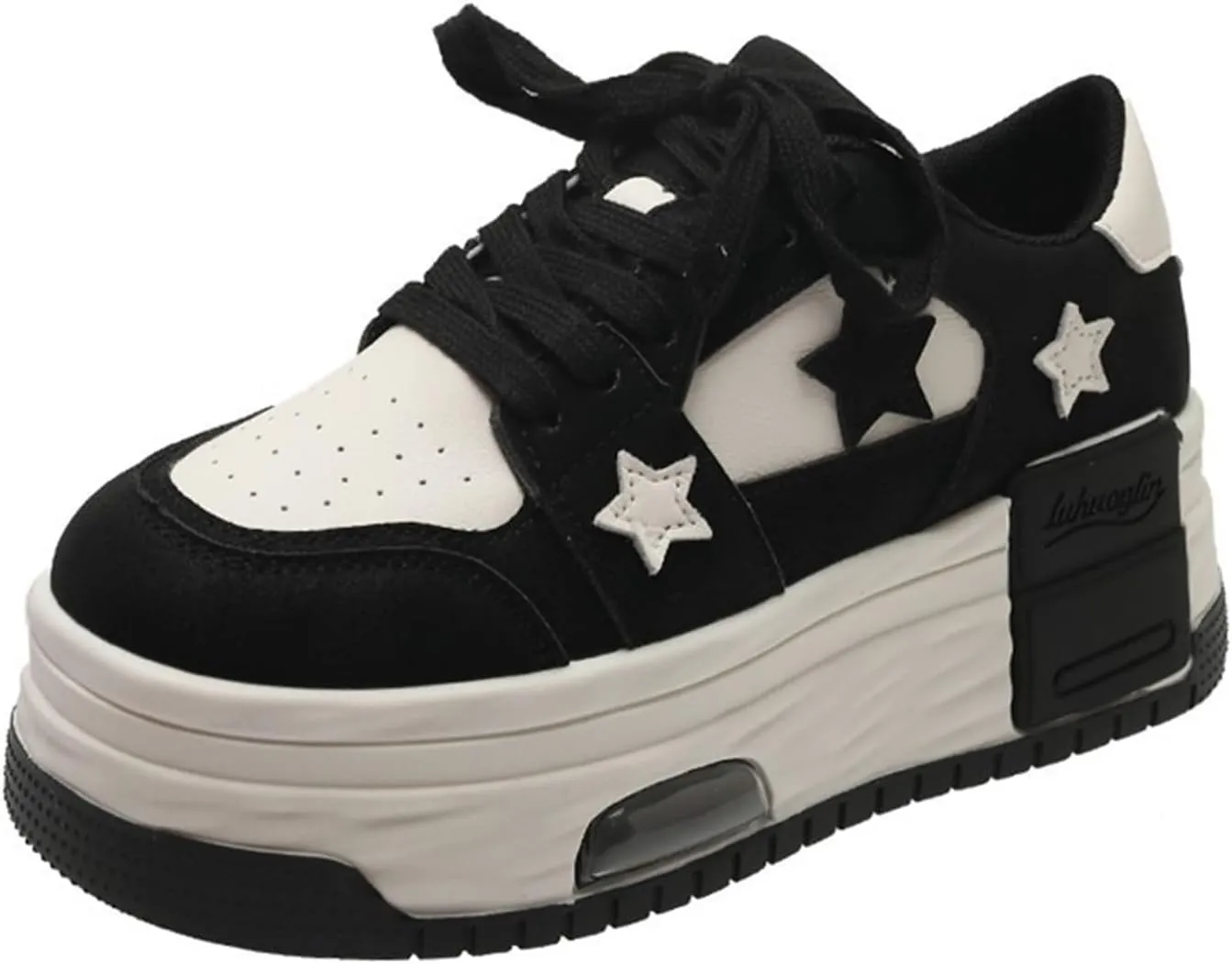 Breathable Sneakers Women's Leather Patchwork Round Toe Mixed Color Lace Up Inner Higher Student Sneakers Chunky Sole Walking Trainers