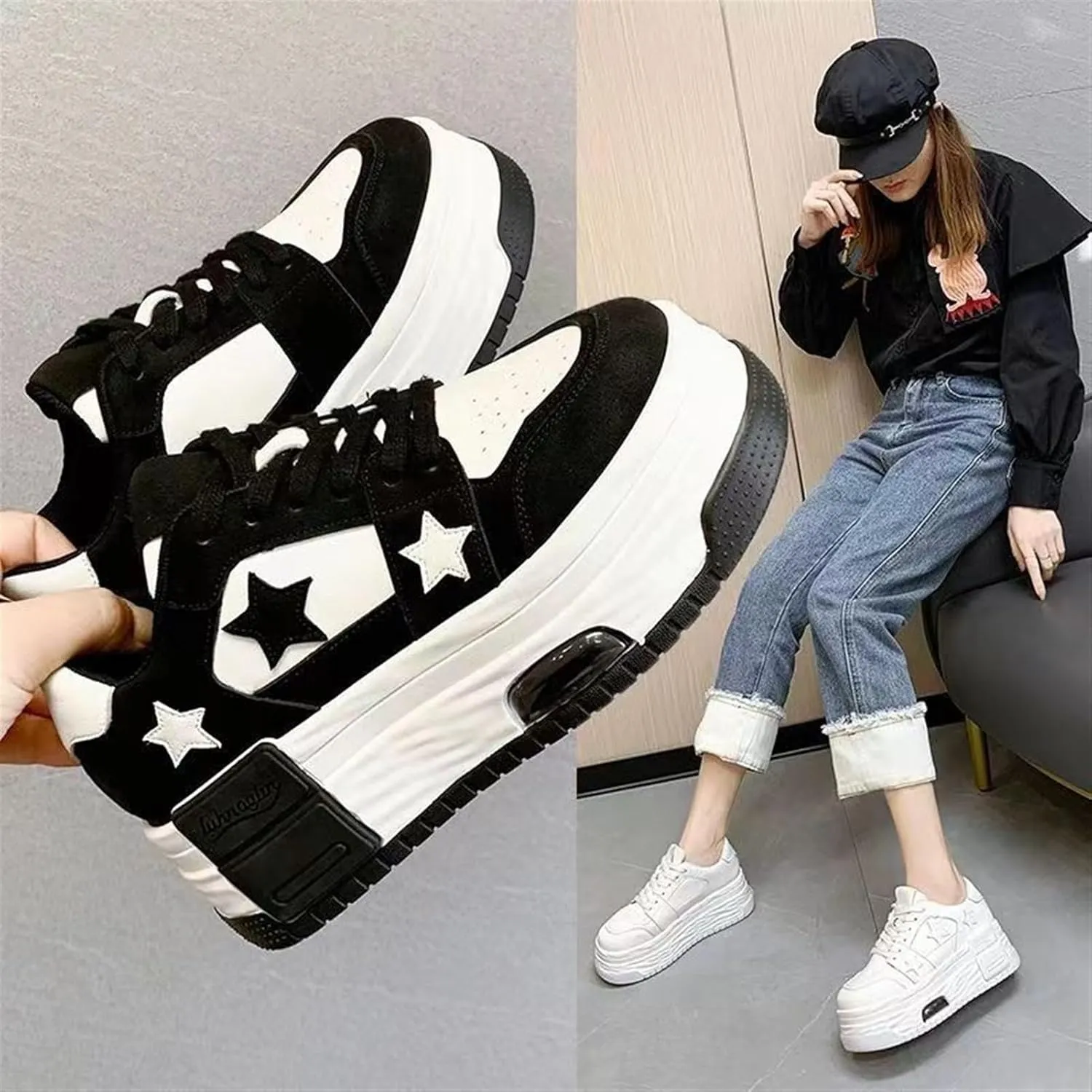 Breathable Sneakers Women's Leather Patchwork Round Toe Mixed Color Lace Up Inner Higher Student Sneakers Chunky Sole Walking Trainers