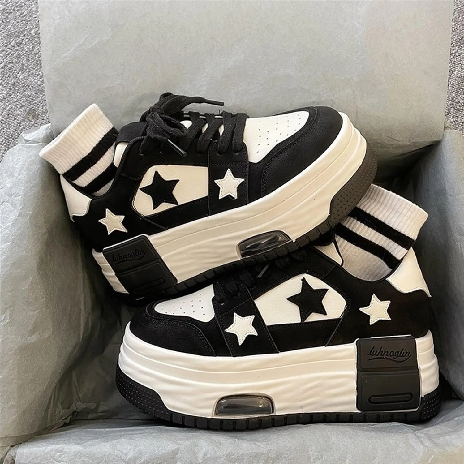 Breathable Sneakers Women's Leather Patchwork Round Toe Mixed Color Lace Up Inner Higher Student Sneakers Chunky Sole Walking Trainers