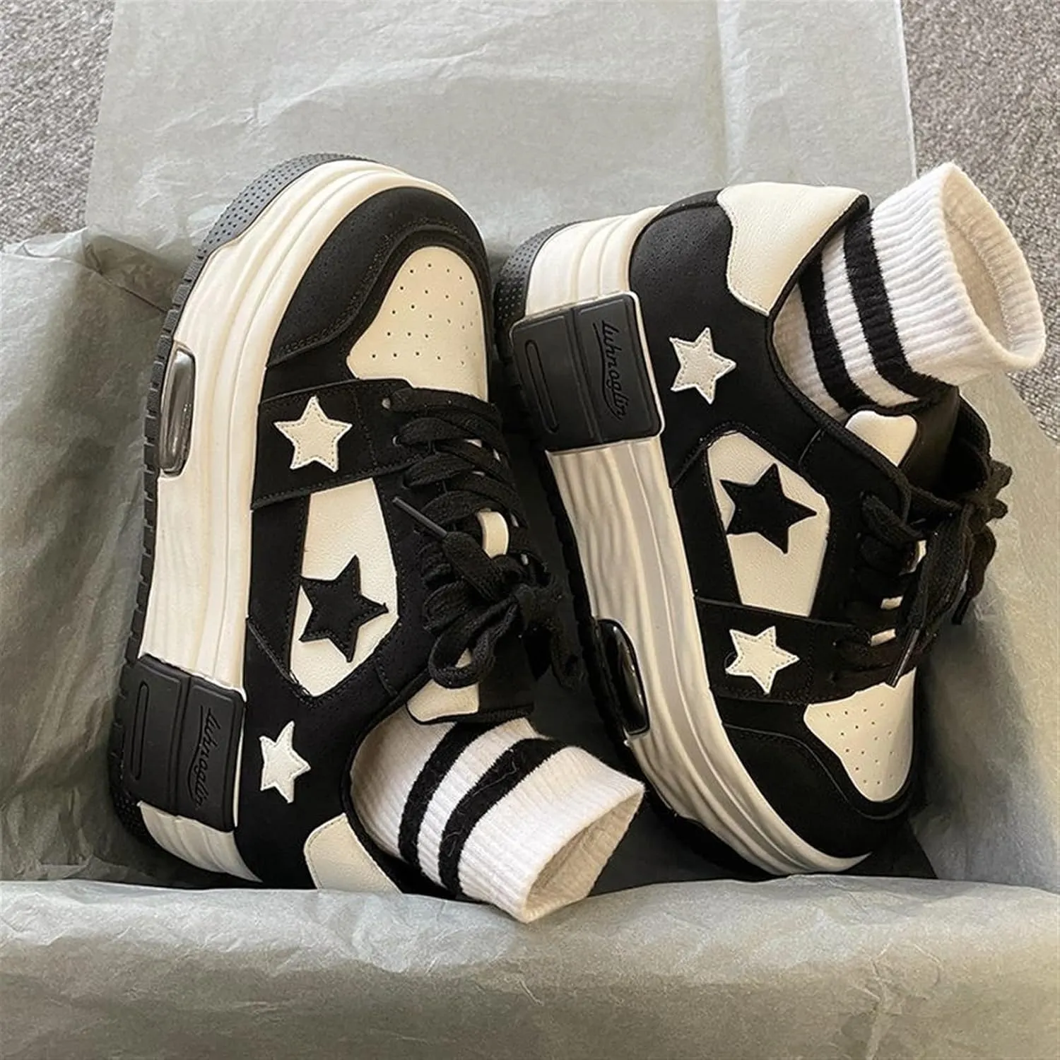 Breathable Sneakers Women's Leather Patchwork Round Toe Mixed Color Lace Up Inner Higher Student Sneakers Chunky Sole Walking Trainers