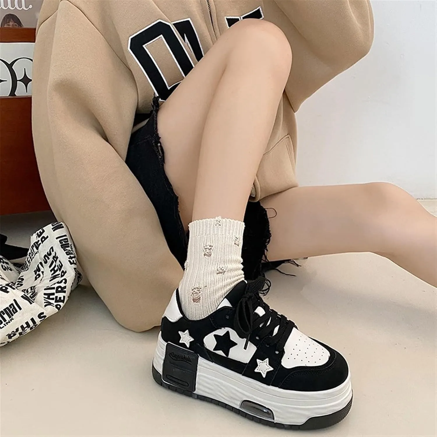 Breathable Sneakers Women's Leather Patchwork Round Toe Mixed Color Lace Up Inner Higher Student Sneakers Chunky Sole Walking Trainers