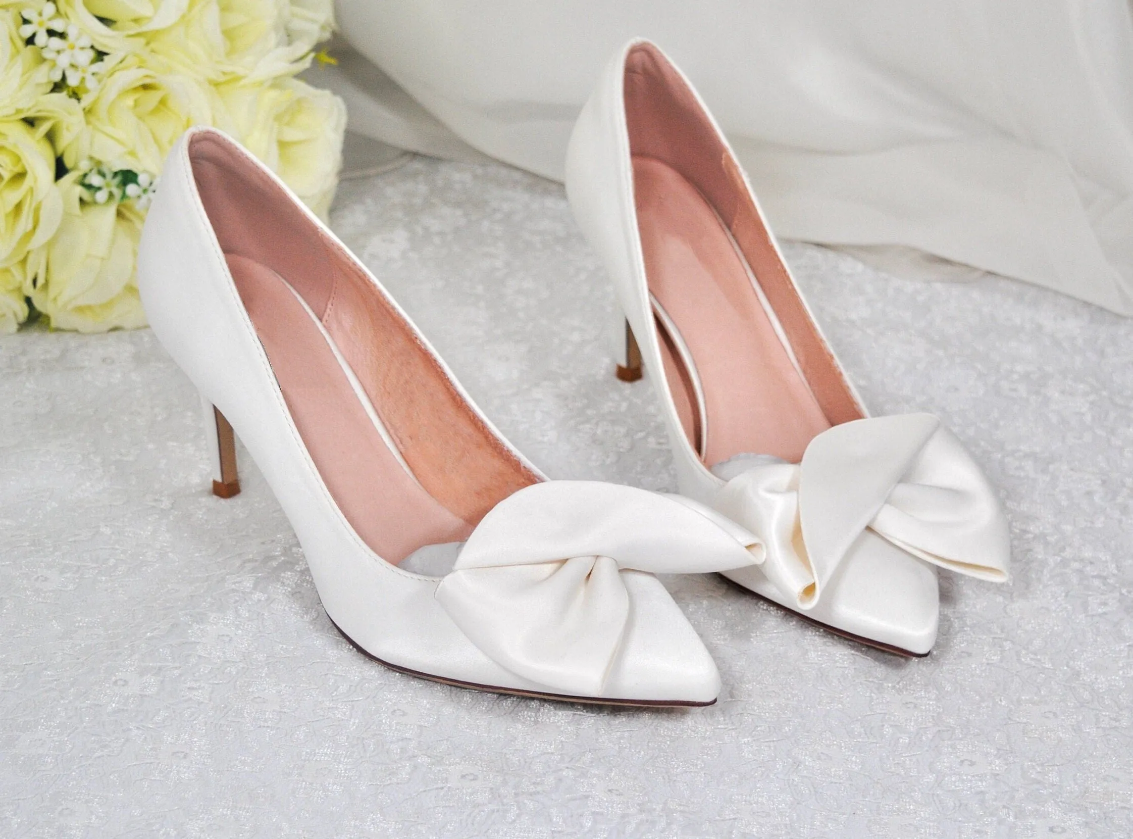 Bridal White Satin Shoes, Elegant Large Bow