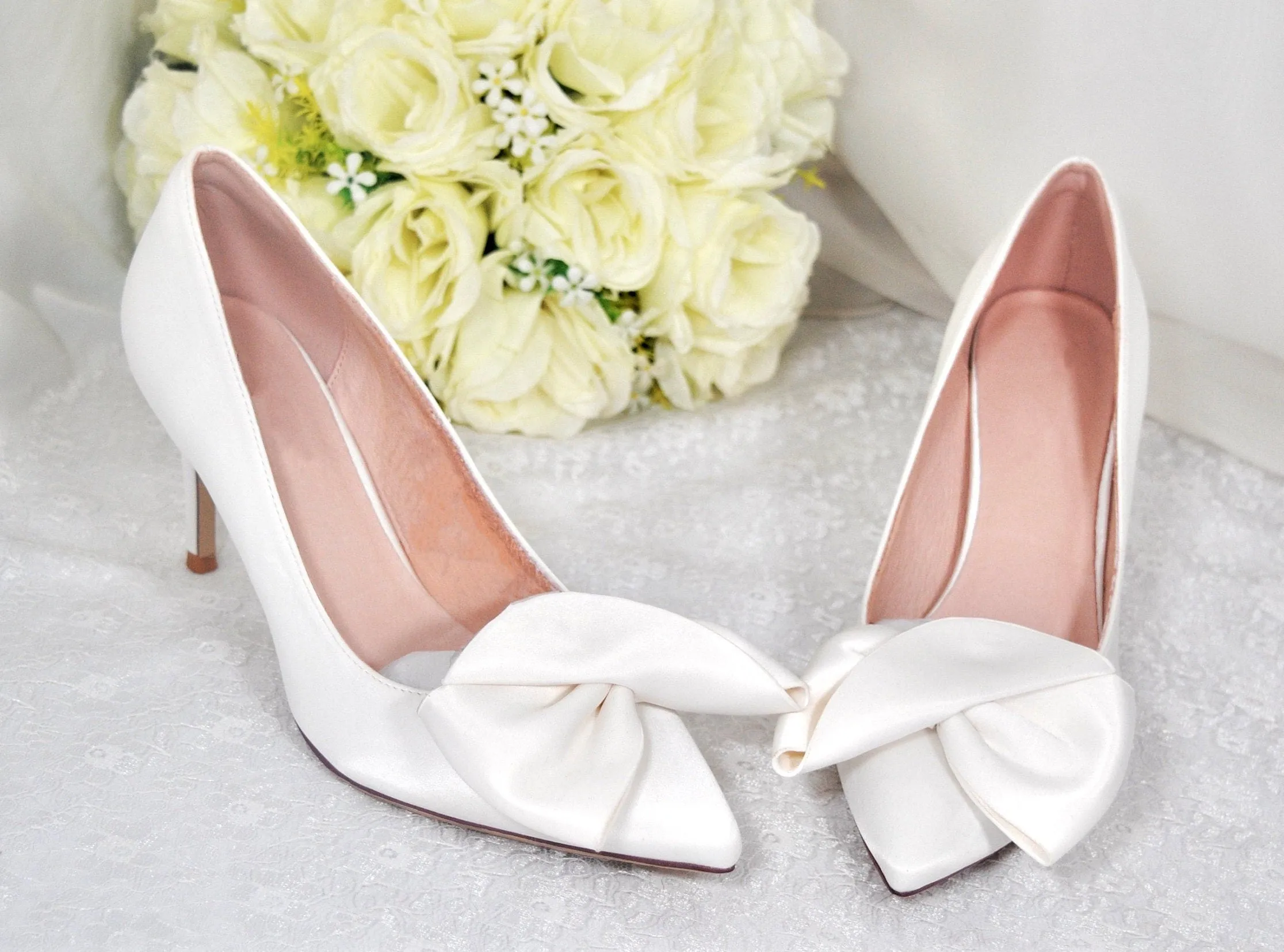 Bridal White Satin Shoes, Elegant Large Bow