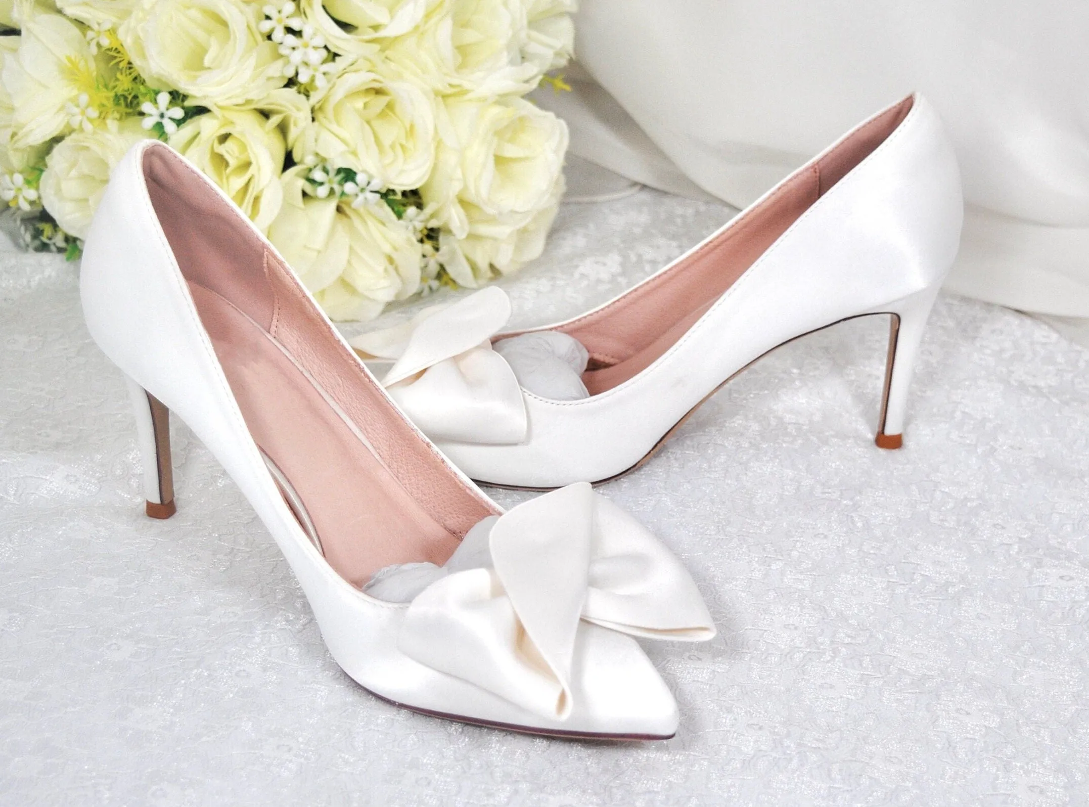 Bridal White Satin Shoes, Elegant Large Bow