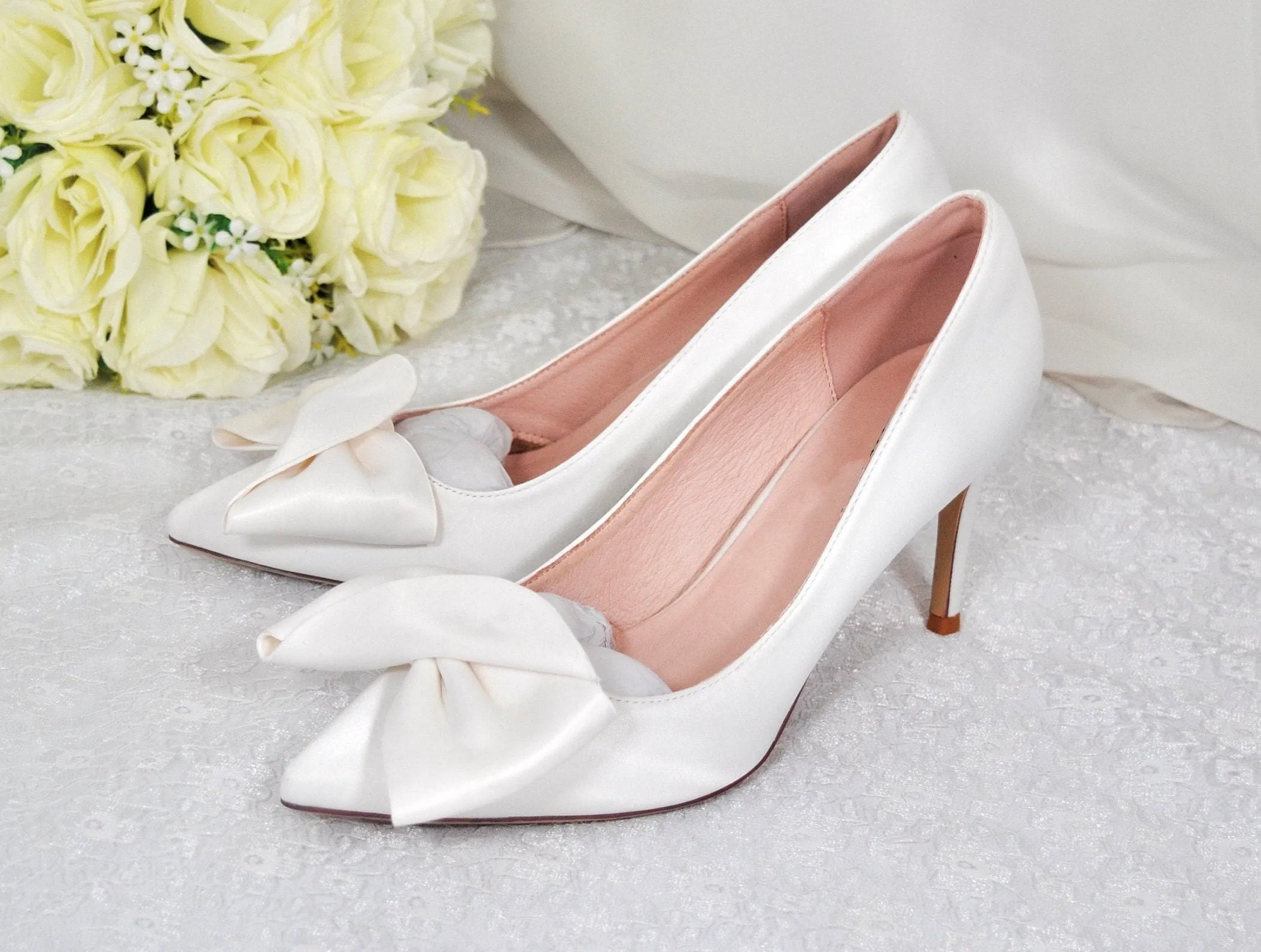 Bridal White Satin Shoes, Elegant Large Bow
