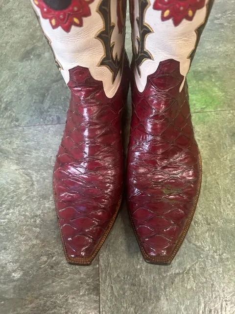 Burgundy Preban David Little's Custom Detailed Boots made in San Antonio Texas 12.5D Work of Art
