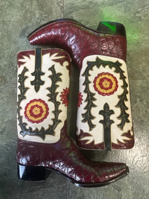 Burgundy Preban David Little's Custom Detailed Boots made in San Antonio Texas 12.5D Work of Art