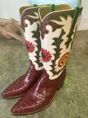Burgundy Preban David Little's Custom Detailed Boots made in San Antonio Texas 12.5D Work of Art