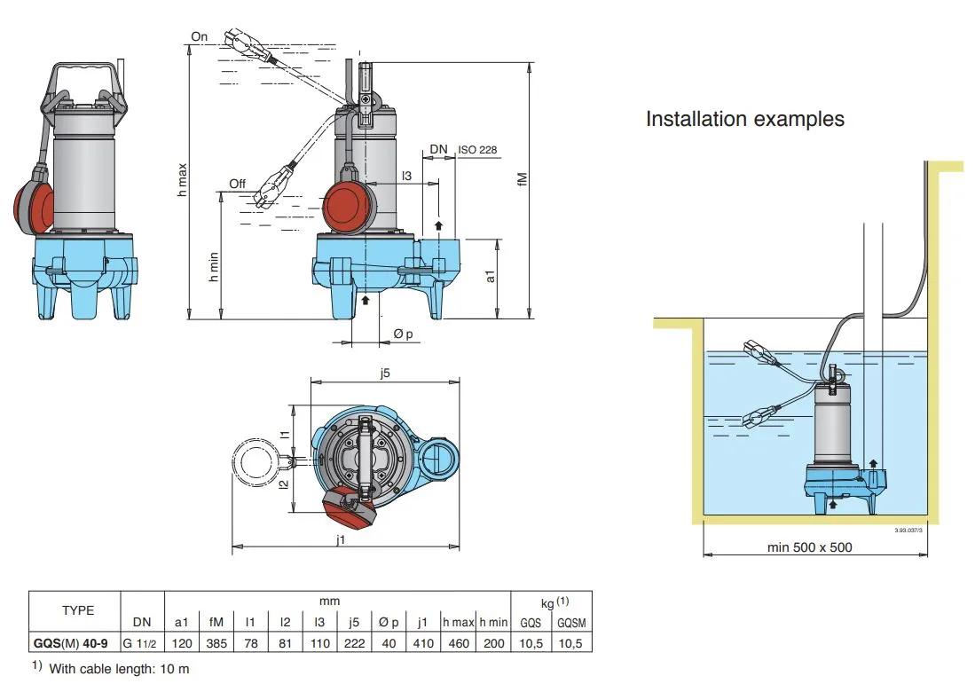 Calpeda GQSM 40-9 0.45kW Submersible Drainage & Sewage Pump with Vortex Impeller & Automatic Float Switch (330LPM/90kPa)