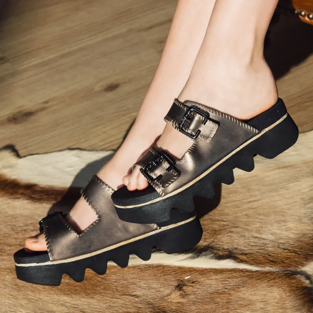 Capri Buckle Strap Slide Sandals (Pewter)