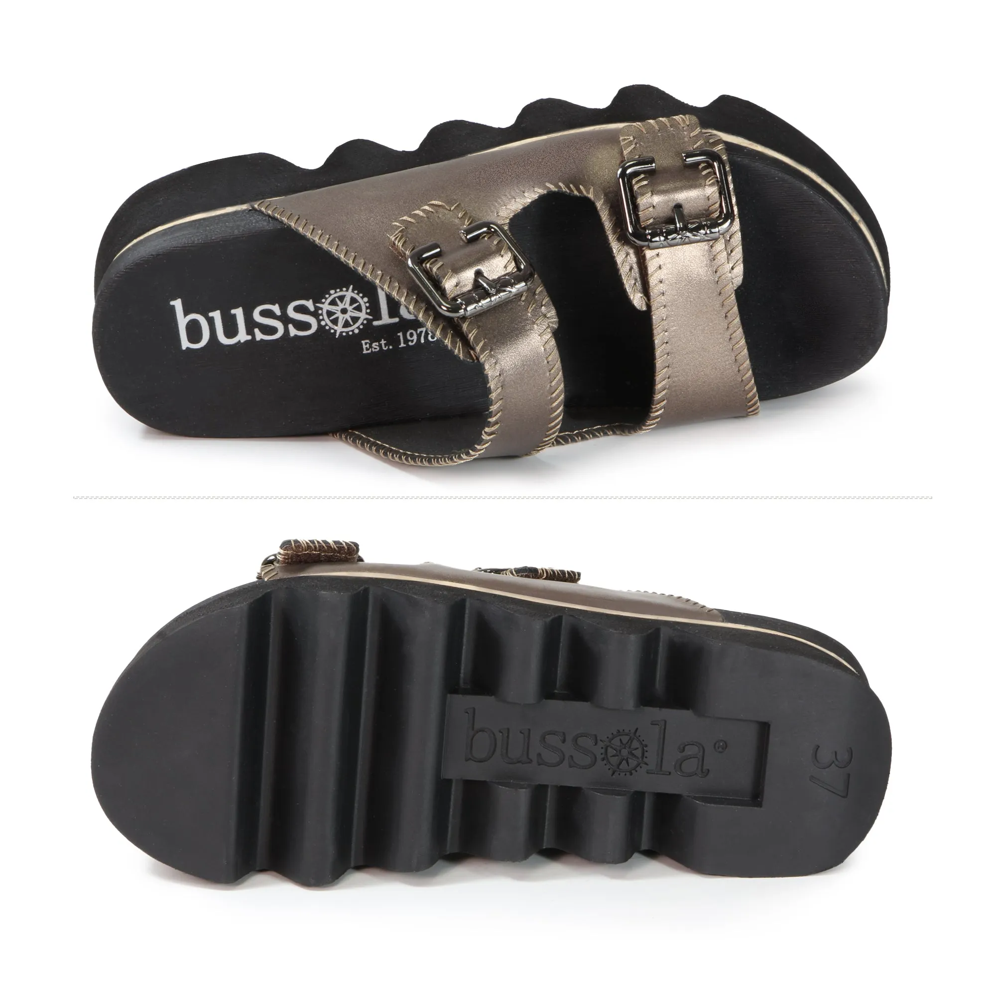 Capri Buckle Strap Slide Sandals (Pewter)