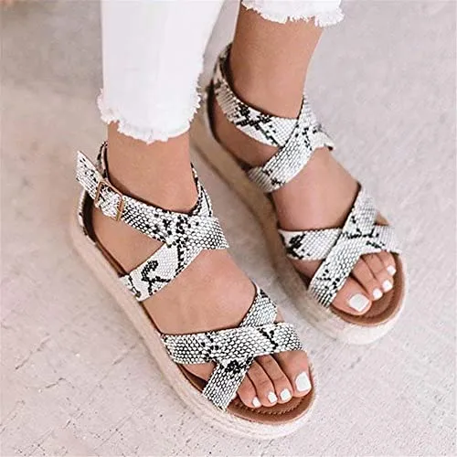 Chicvane Snakeskin Print Criss Cross Straps Espadrille Platform Sandals with Buckle