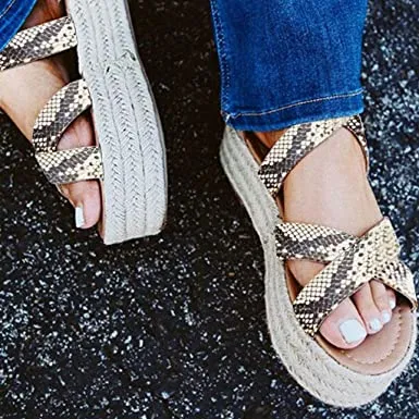 Chicvane Snakeskin Print Criss Cross Straps Espadrille Platform Sandals with Buckle